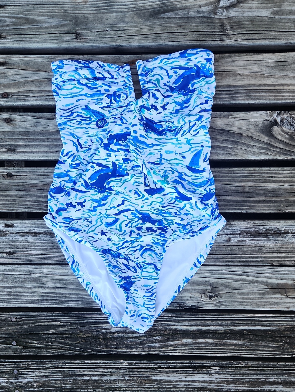 Maeve By Anthropoligie  Large Beachy Wave Blue White One Piece Swimsuit Lace Up